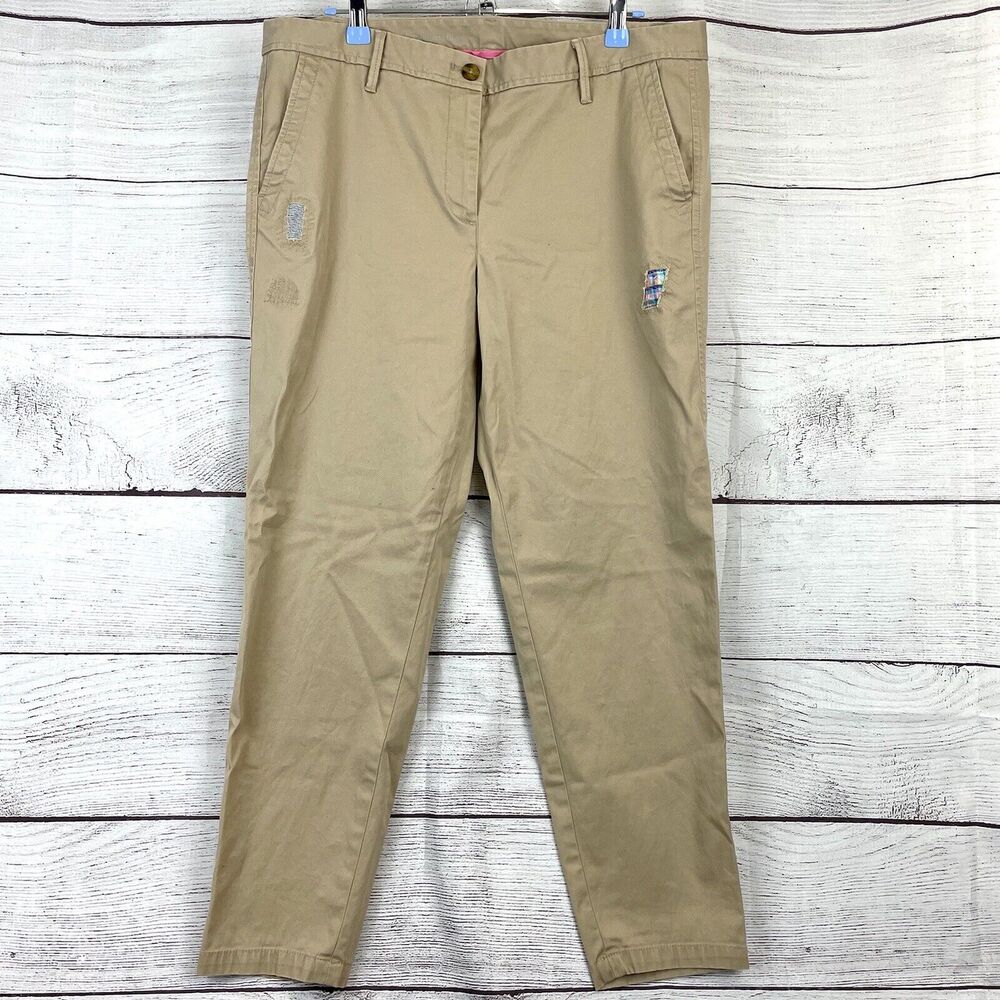 Talbots Girlfriend Chino Tan Embroidered Patchwork Distress Pants Khaki Size 10